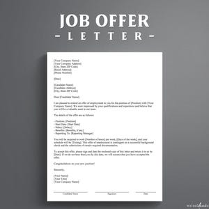 May include: A white document titled JOB OFFER - LETTER in bold text at the top. The page contains a formal employment offer template with placeholders for company details, candidate information, position specifics, salary, benefits, and signature lines.