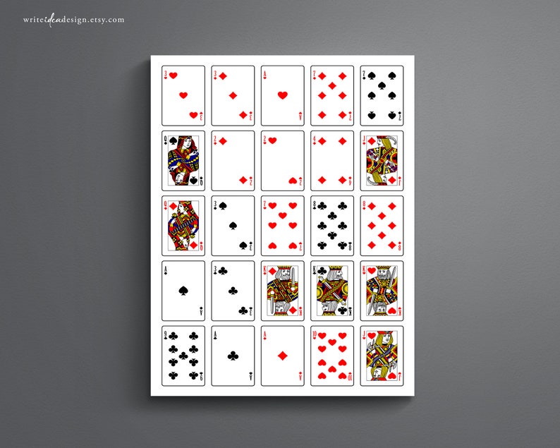 May include: A printable sheet of playing cards with a white background and black outlines. The cards are arranged in a grid pattern, with each card showing a different suit and rank. The suits are hearts, diamonds, clubs, and spades. The ranks are Ace, 2, 3, 4, 5, 6, 7, 8, 9, 10, Jack, Queen, and King.