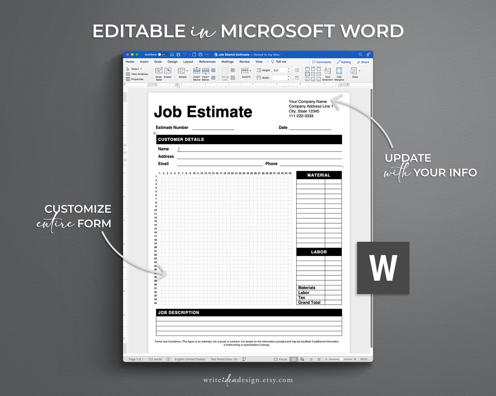 Job Sketch Estimate Form | Editable Estimate Template | Printable ...