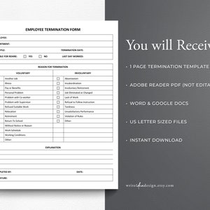 May include: A printable employee termination form template with checkboxes for voluntary and involuntary reasons for termination. The form includes fields for employee name, department, job title, termination date, last day worked, and an explanation section. The form is designed for easy use and can be customized to fit your needs.
