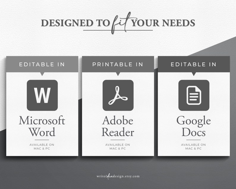 May include: Three gray cards with white text and icons. The first card says "Editable in Microsoft Word, Available on Mac & PC". The second card says "Printable in Adobe Reader, Available on Mac & PC". The third card says "Editable in Google Docs, Available on Mac & PC".