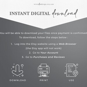 May include: A gray background with white text explaining how to download digital files from Etsy. The text includes instructions to log into the Etsy website using a web browser, go to your account, and then go to purchases and reviews. Three icons are shown below the text: a downward arrow, a printer, and a document with a heart. The icons are labeled "Download", "Print", and "Use".