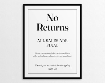 No Returns Sign, Printable All Sales Are Final Sign, Retail Store Policy Sign, Small Business Checkout Sign, POS Register Sign