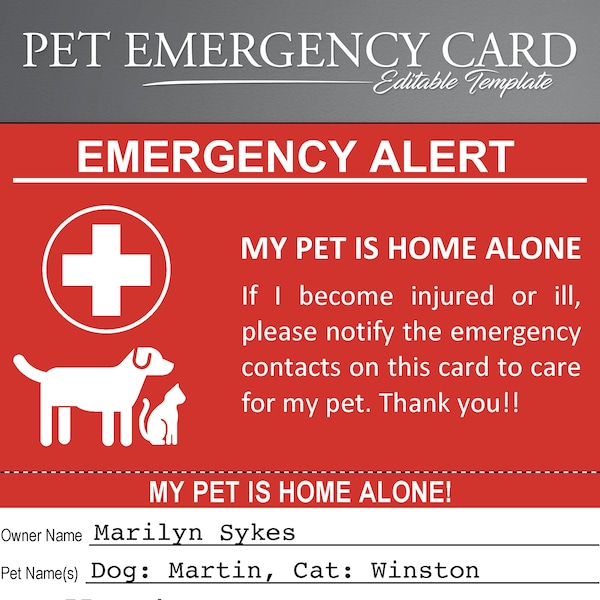 Druckbare Notfall-Mein Haustier ist allein zu Hause Informationskarten. Haustierbesitzer Karte. Haustier zu Hause Karte. Haustier Allein Notfall Karte