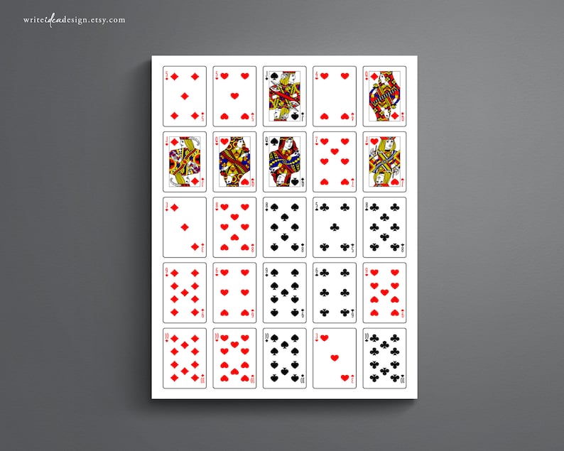 May include: A printable sheet of playing cards with a white background and red and black suits. The cards are arranged in a grid of five rows and three columns. Each card has a different number or face value.