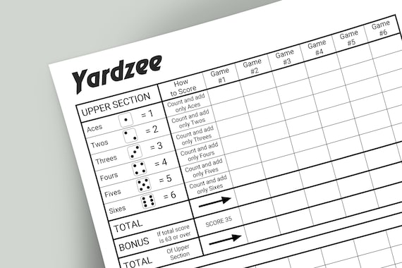yardzee printable score card yard yahtzee