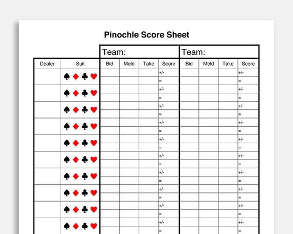 pinochle score card printable pinochle score sheet pinochle etsy