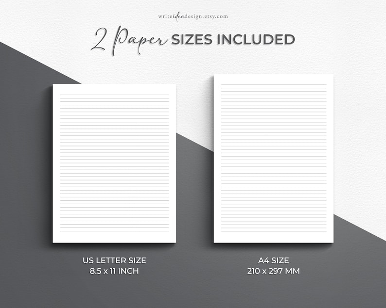 May include: Two blank lined paper templates, one in US Letter size (8.5 x 11 inches) and one in A4 size (210 x 297 mm).