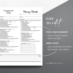May include: A black and white printable cleaning checklist with checkboxes for different areas of a building, such as reception, breakroom, restrooms, and offices. The checklist includes tasks like dusting, vacuuming, and emptying trash. The text "EASY TO edit" and "YOU CAN CHANGE TEXT, TITLES, FONTS AND COLORS. AND ALSO ADD, REMOVE OR MOVE ANYTHING YOU NEED." is written on the right side of the page.