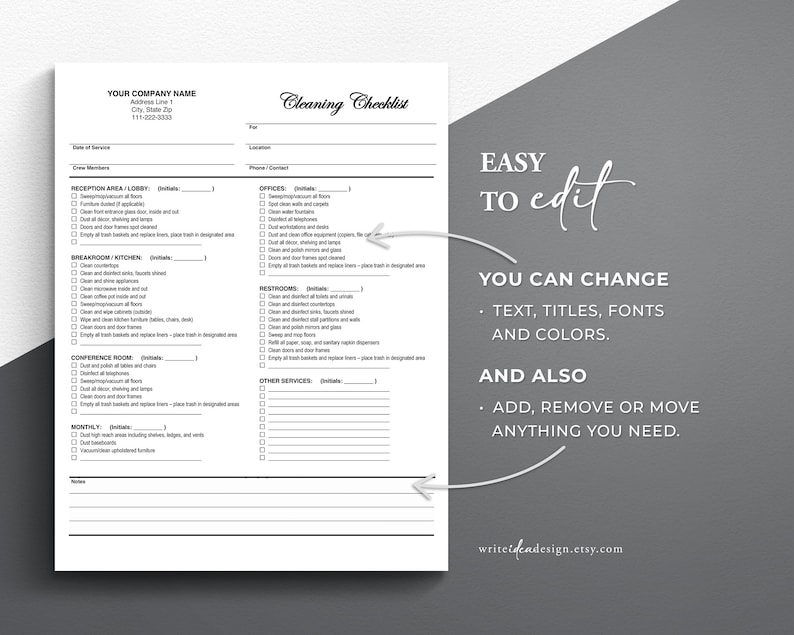 May include: A black and white printable cleaning checklist with checkboxes for different areas of a building, such as reception, breakroom, restrooms, and offices. The checklist includes tasks like dusting, vacuuming, and emptying trash. The text "EASY TO edit" and "YOU CAN CHANGE TEXT, TITLES, FONTS AND COLORS. AND ALSO ADD, REMOVE OR MOVE ANYTHING YOU NEED." is written on the right side of the page.