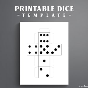 Könnte beinhalten: Eine weiße, ausdruckbare Würfelvorlage mit schwarzen Punkten auf einem kreuzförmigen Layout mit gestrichelten Faltlinien. Der Text PRINTABLE DICE - TEMPLATE steht oben in Weiß und writeideadesign.etsy.com unten.