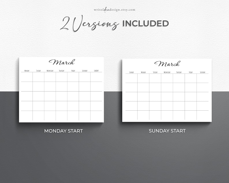 Printable Blank Monthly Calendar. Monday/sunday Start. - Etsy