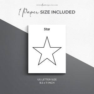 May include: A printable template featuring a black outline of a star on a white background. The template is labeled "Star" and is sized for US Letter paper, 8.5 x 11 inches.