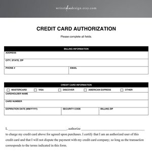 Autorisation de carte de crédit. PDF/Google Documents/Word. Facturation par carte de crédit. Comptes à recevoir.