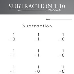 May include: A black and white printable worksheet with the title "Subtraction 1-10 Worksheets". The worksheet has nine subtraction problems using the number 1.