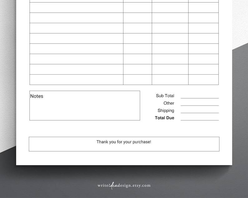 May include: A blank invoice template with sections for item descriptions, quantities, prices, and a total due. There is also a section for notes and a space for a thank you message.