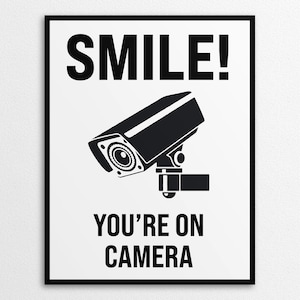Printable Smile, You&#39;re on Camera Sign in US Letter and A4 Sizes, Instant Download PDF