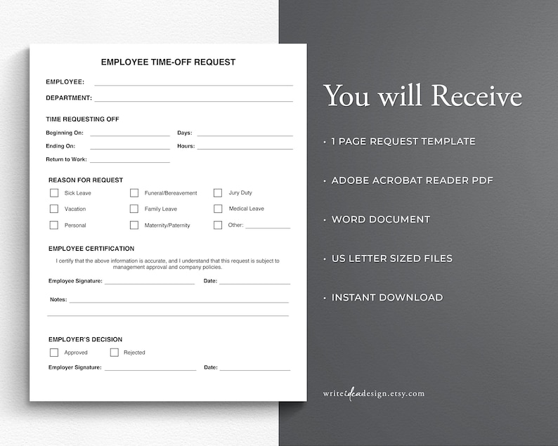 Employee Time-off Request Template. Vacation Request Form. PTO Request Template. image 4