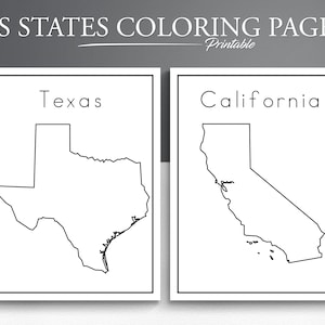 May include: Printable coloring pages of the states of Texas and California. The outlines of the states are drawn in black.