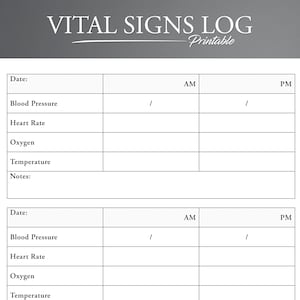 Vital Signs Log Printable. Vital Signs Tracker. Printable Daily Vitals Log. Daily Caregiver Vitals Log.