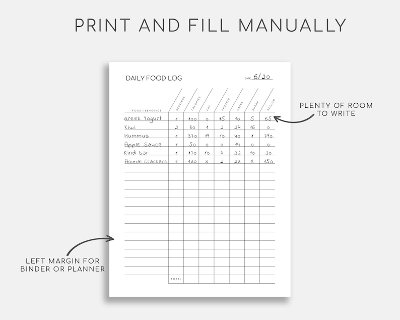 May include: A black and white printable daily food log with a grid for tracking food intake. The log includes columns for servings, calories, protein, fat, carbs, and fiber. The date is 6/20. The text "PRINT AND FILL MANUALLY" is at the top of the page.