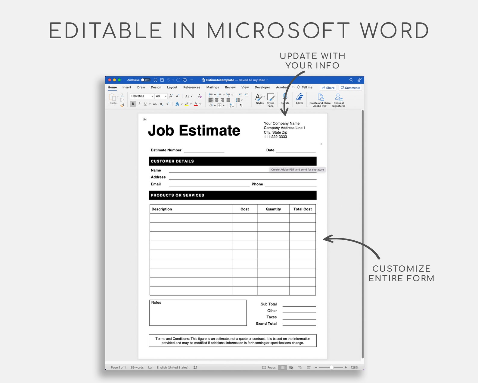 Job Estimate. Pdf/google Docs/microsoft Word. Contractor - Etsy