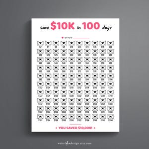 May include: A white savings challenge tracker sheet with the text save $10K in 100 days at the top and YOU SAVED $10,000! at the bottom. It features 100 black outlined envelope icons, each marked with increasing dollar amounts from $2 to $200.