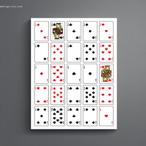 May include: A printable sheet of playing cards with a standard deck of 52 cards. The cards are arranged in a grid pattern with each card showing its suit and number. The cards are black and white with red hearts and diamonds.