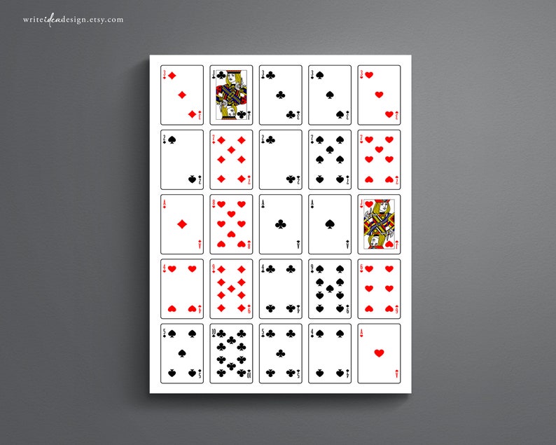 May include: A printable sheet of playing cards with a standard deck of 52 cards. The cards are arranged in a grid pattern with each card showing its suit and number. The cards are black and white with red hearts and diamonds.