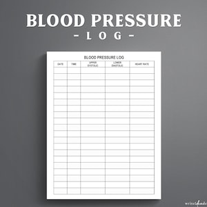Puede incluir: Una hoja de registro de presión arterial en papel blanco con líneas de cuadrícula y texto en negro. El encabezado dice BLOOD PRESSURE LOG, con columnas para fecha, hora, sistólica, diastólica y frecuencia cardíaca. Título arriba.