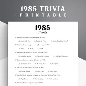 Peut inclure: Une feuille de jeu de trivia imprimable intitulée "1985 Trivia". La feuille présente des questions sur les films, les prix de l'essence, les prénoms de bébés, les émissions de télévision, les célébrités et la "Personne de l'année" de 1985. Les questions sont en noir.