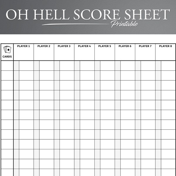 Printable Oh Hell Score Sheet - PDF Format. US Letter and A4 Sizes. Oh Hell Card Game. Oh Hell Score Pad.