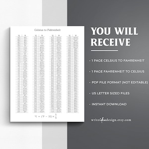 Printable Temperature Conversion Chart - Fahrenheit to Celsius and ...