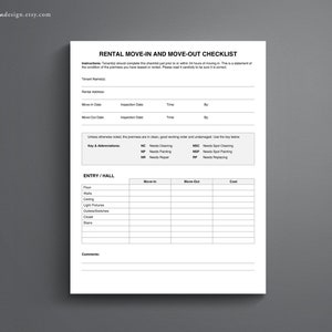 Peut inclure: Un modèle de liste de contrôle de location, imprimable, pour l'entrée et la sortie, sur fond gris. La liste comprend des sections pour les informations du locataire, les dates d'entrée/sortie et une inspection détaillée.