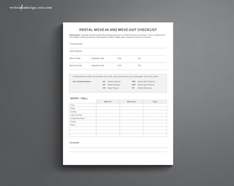 May include: A white, printable rental move-in and move-out checklist with a gray background. The checklist includes sections for tenant information, move-in/out dates, and a detailed inspection of the property's condition.
