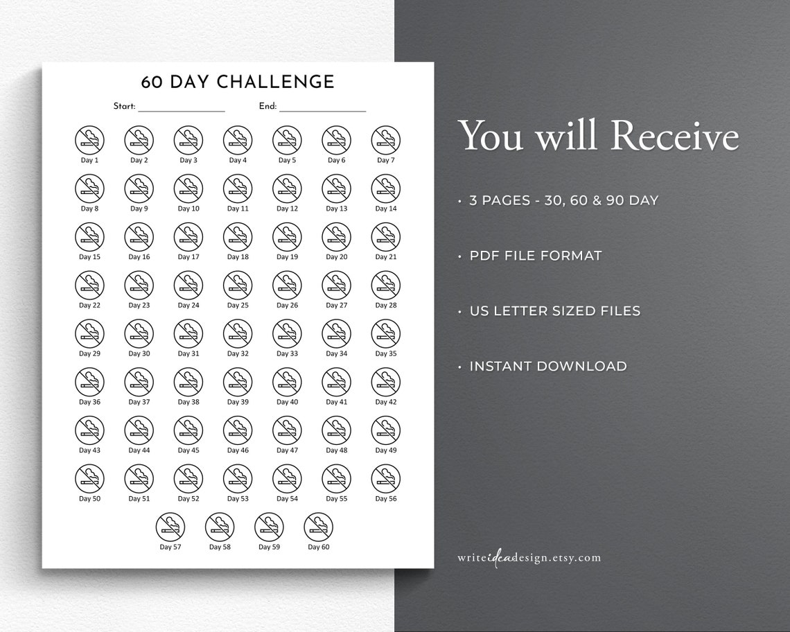 Quit Smoking Printable Challenge. Stop Smoking Tracker. - Etsy