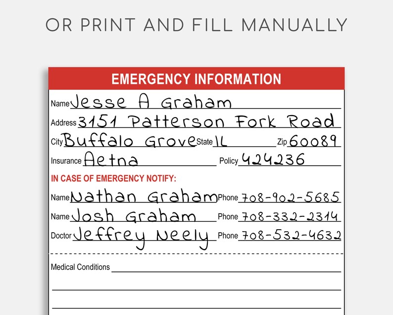 Printable Emergency Information Cards. Medical Alert ID. Etsy