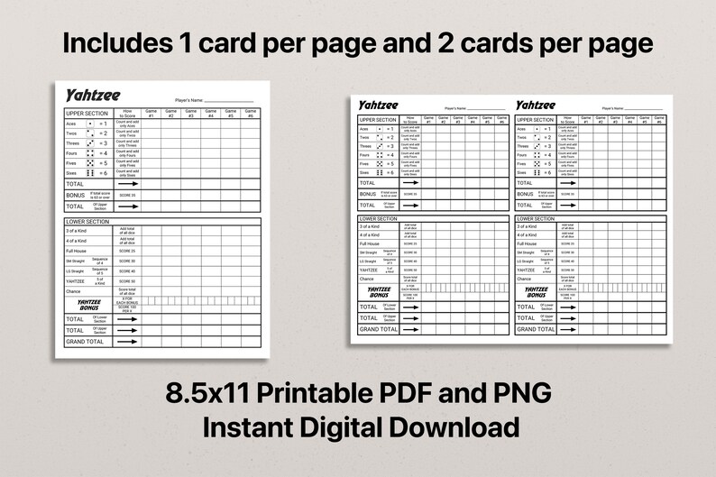 Yahtzee Score Card Yahtzee Printable Score Card Print Your Etsy