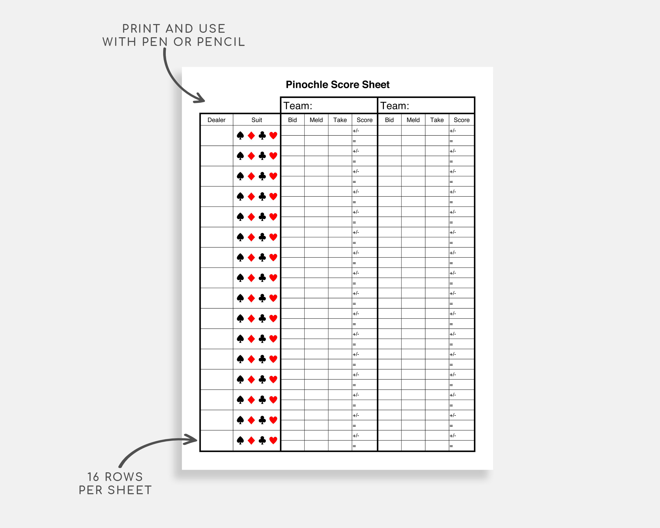 Pinochle Score Card. Printable Pinochle Score Sheet. Pinochle - Etsy