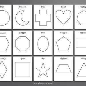 May include: A printable worksheet with 15 different geometric shapes, including a circle, crescent, cross, heart, heptagon, hexagon, octagon, oval, pentagon, rectangle, rhombus, square, star, trapezoid, and triangle. Each shape is outlined in black and labeled with its name.