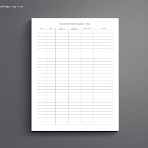 May include: Printable blood pressure log with columns for date, time, upper/systolic, lower/diastolic, heart rate, and notes.