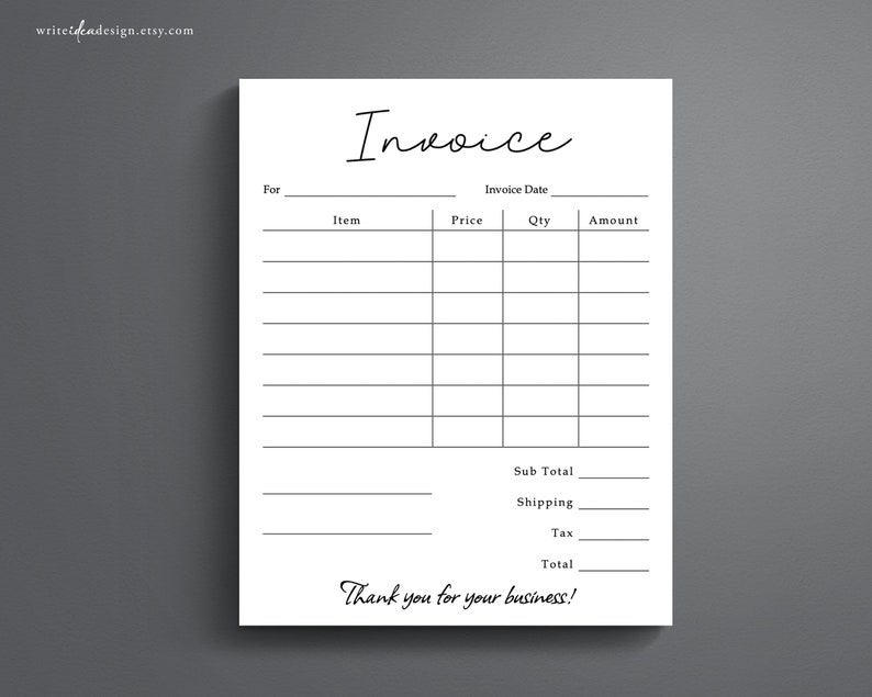 Op de afbeelding: Een zwart-witte printbare factuurtemplate met het woord "Invoice" bovenaan. De template bevat secties voor "For", "Item", "Price", "Qty", "Amount", "Sub Total", "Shipping", "Tax" en "Total". De template bevat ook de tekst "Thank you for your business!"