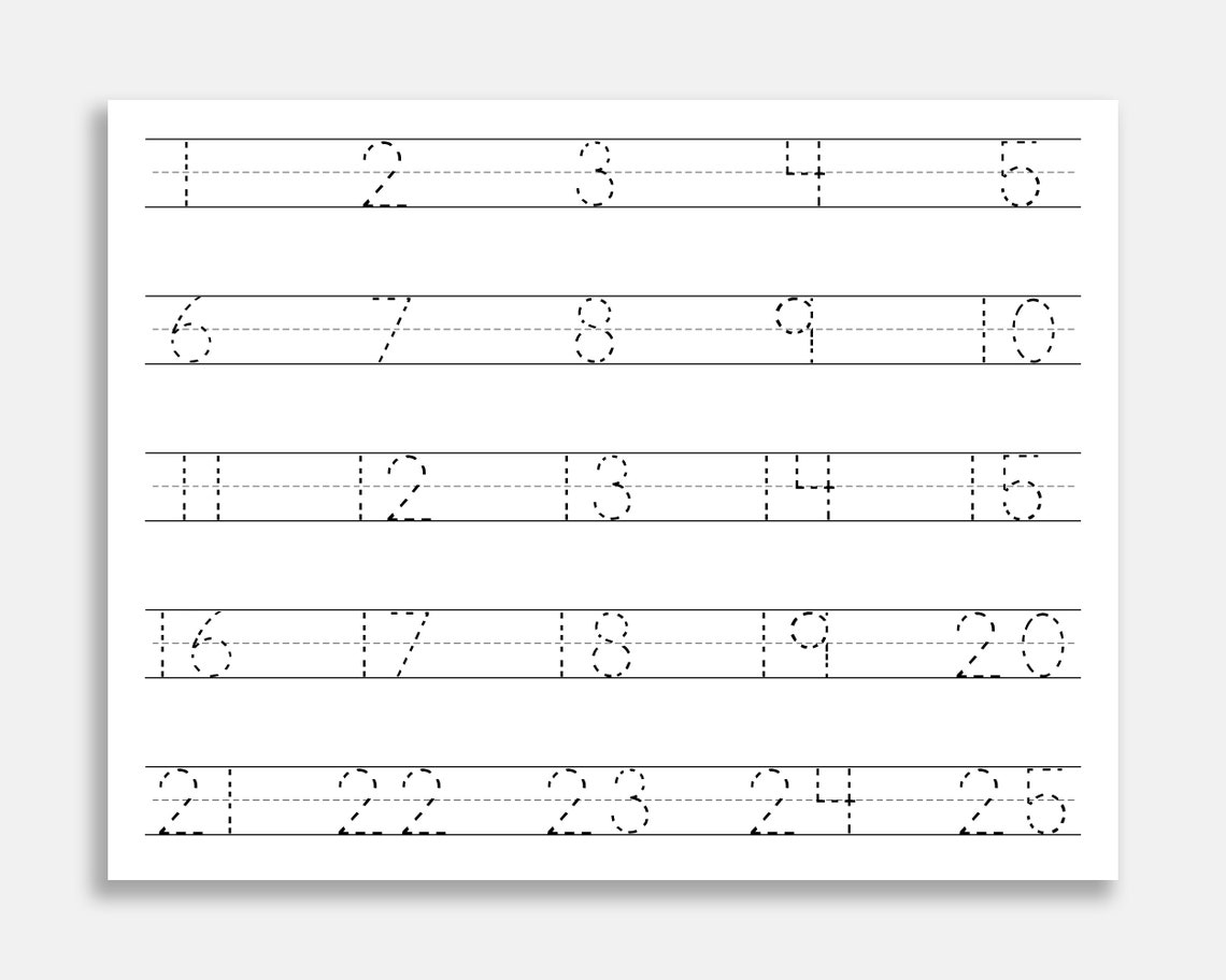 Number Tracing Worksheet 1-25. Printable Trace Numbers. - Etsy