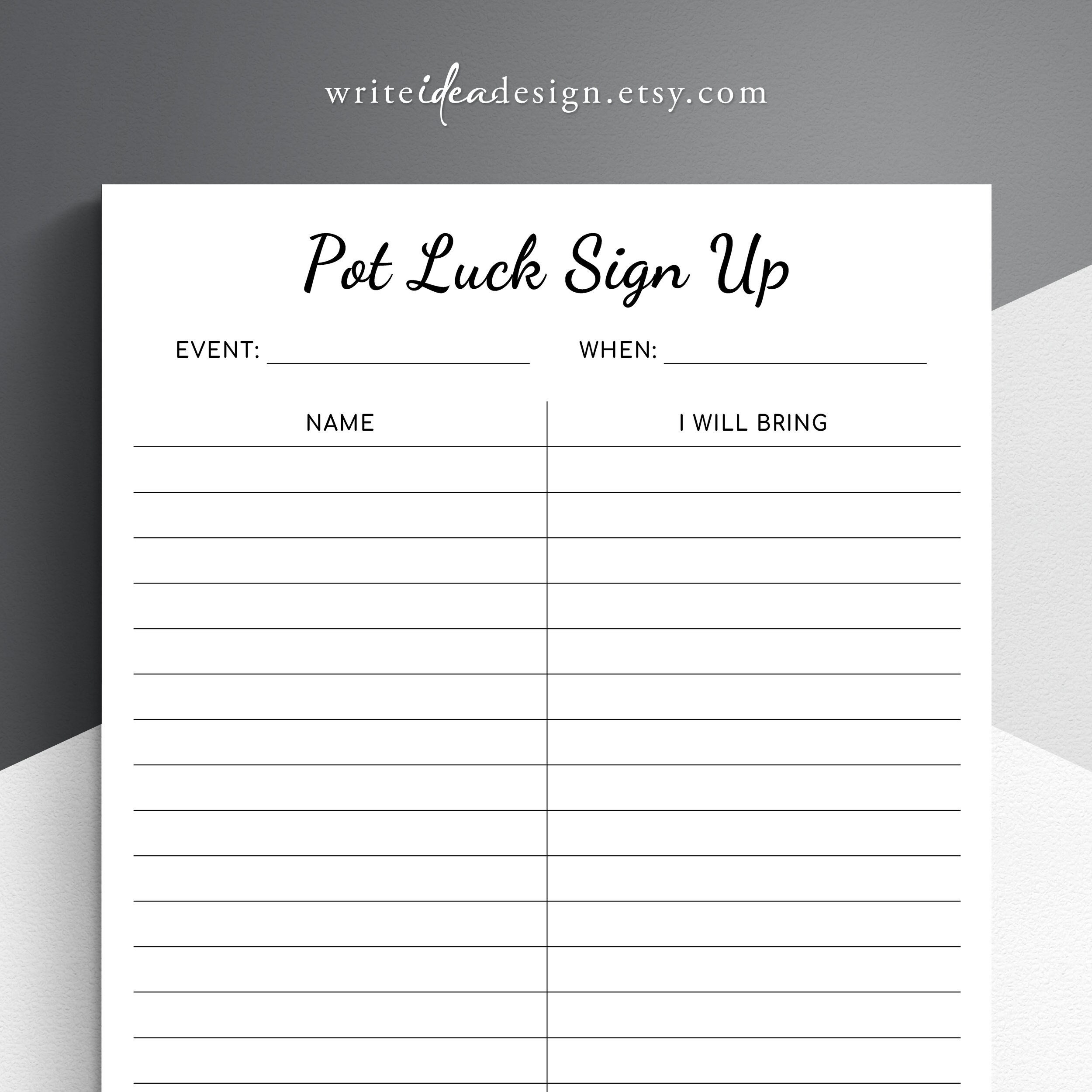 Minimalist Potluck Sign-Up Sheet: Printable PDF (Non-Editable)
