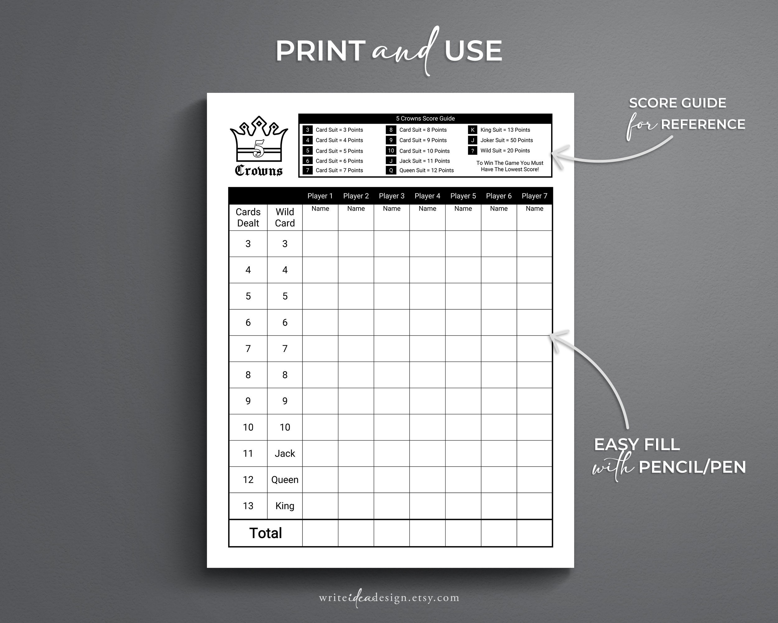 5 Crowns Score Card. 5 Crowns Printable Score Card. 5 Crowns - Etsy.de