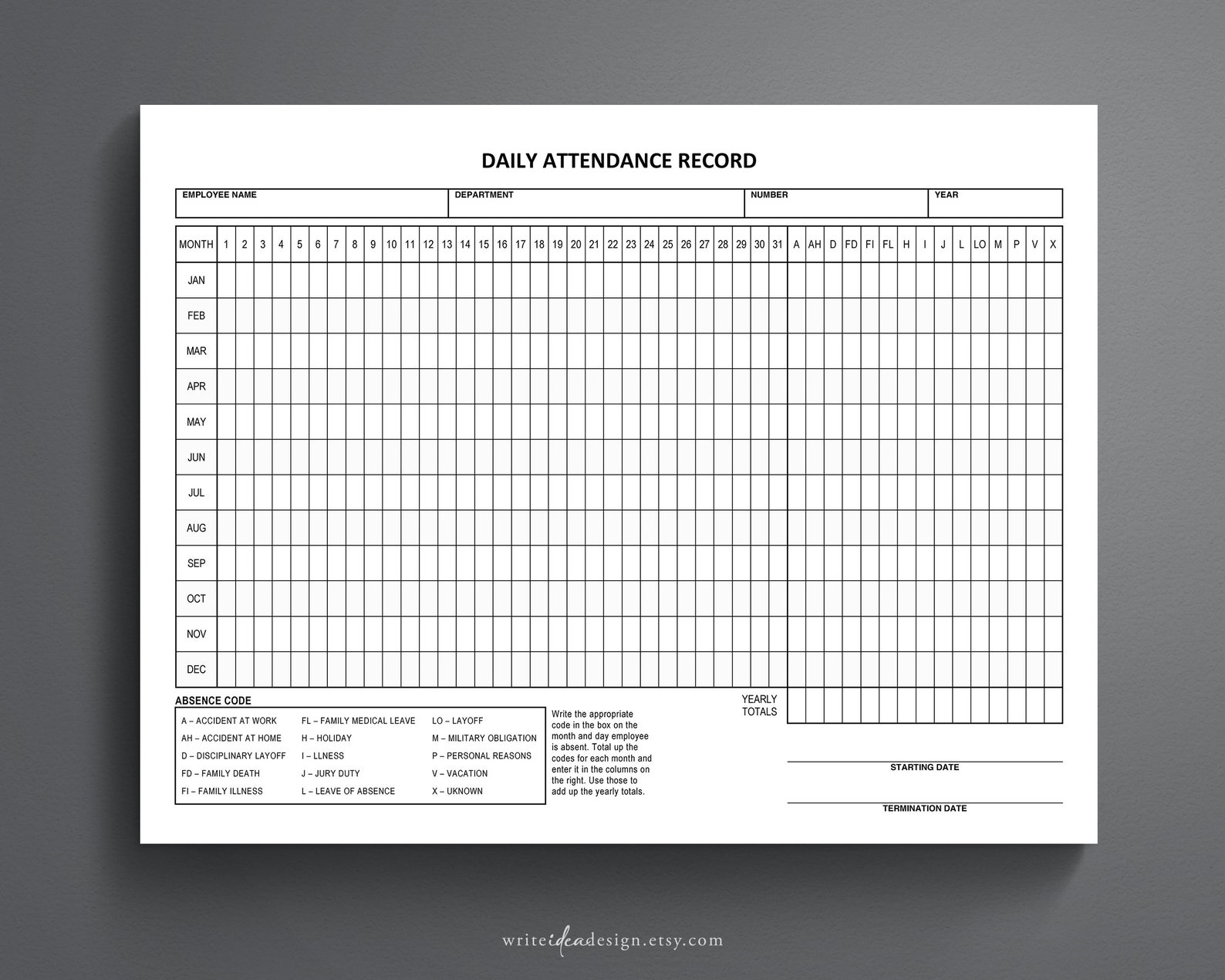 Employee Attendance Tracker: Printable Absence Log (PDF) - Etsy