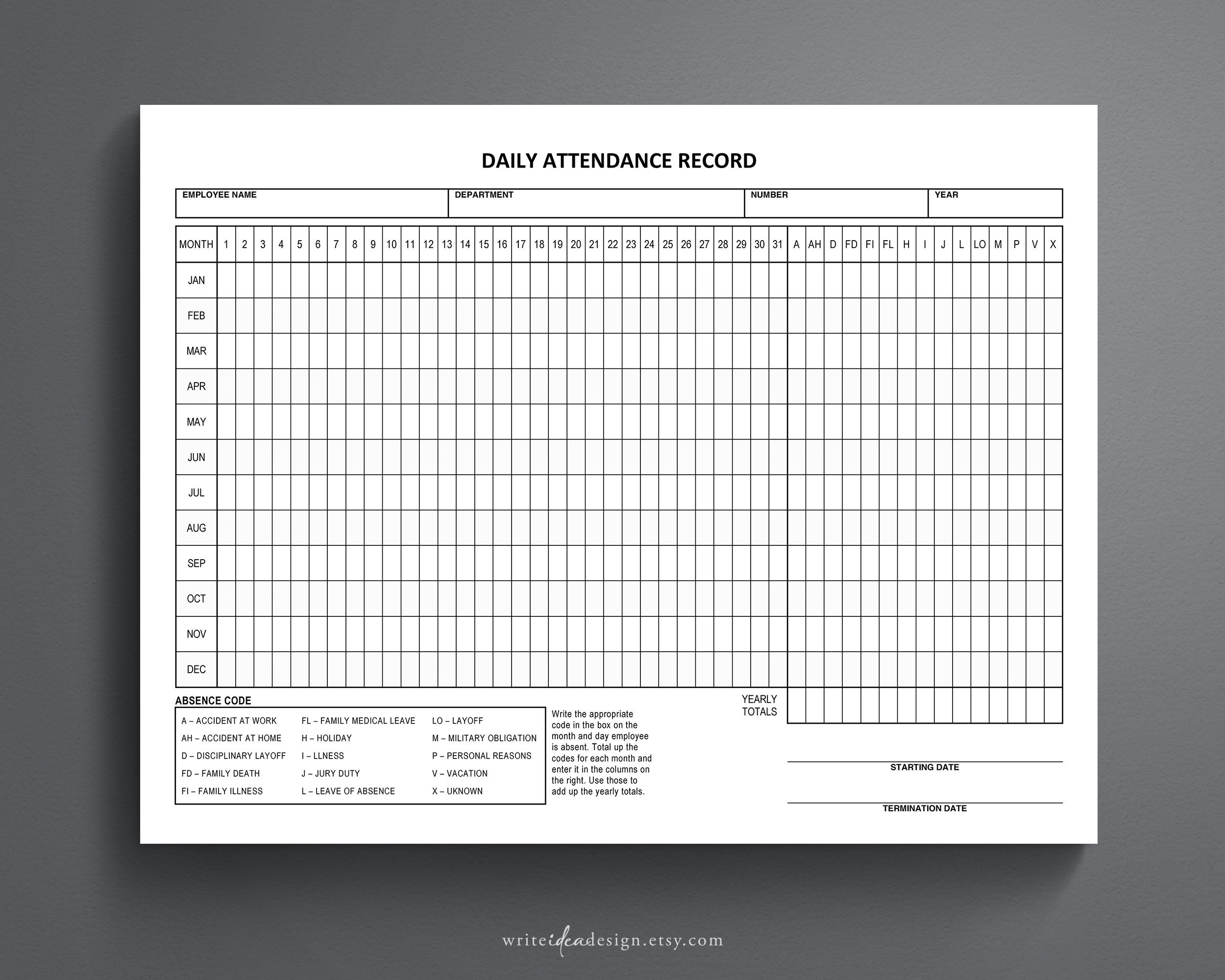 Employee Attendance Tracker: Printable Absence Log (PDF) - Etsy
