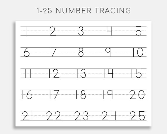 number tracing worksheet 1 25 printable trace numbers etsy canada