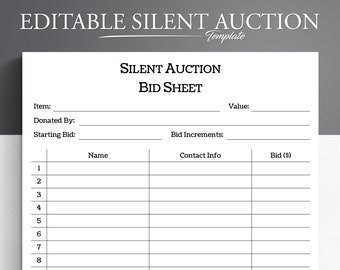 Editable Silent Auction Template - Printable PDF, Word, Google Docs. Silent Auction Sheet.