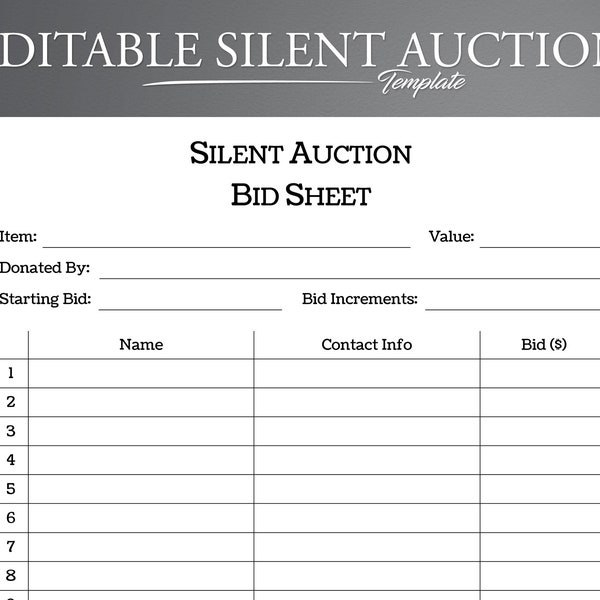 Editable Silent Auction Template - Printable PDF, Word, Google Docs. Silent Auction Sheet.